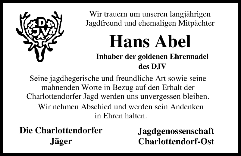  Traueranzeige für Hans Abel vom 01.03.2017 aus Nordwest-Zeitung