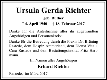 Traueranzeige von Ursula Gerda Richter von Nordwest-Zeitung