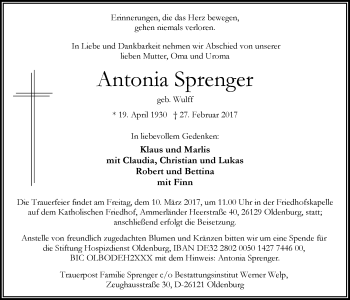 Traueranzeige von Antonia Sprenger von Nordwest-Zeitung