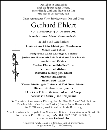 Traueranzeige von Gerhard Ehlert von Nordwest-Zeitung
