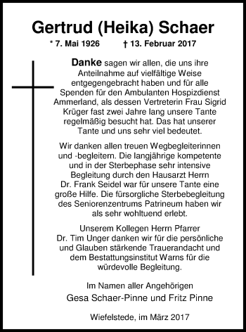 Traueranzeige von Gertrud (Heika) Schaer von Nordwest-Zeitung