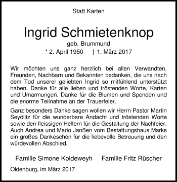 Traueranzeige von Ingrid Schmietenknop von Nordwest-Zeitung