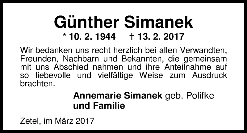  Traueranzeige für Günther Simanek vom 11.03.2017 aus Nordwest-Zeitung