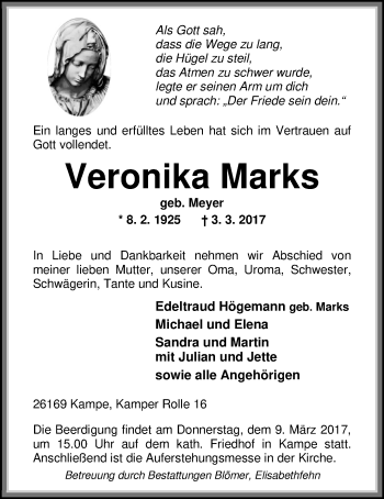 Traueranzeige von Veronika Marks von Nordwest-Zeitung