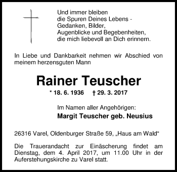 Traueranzeige von Rainer Teuscher von Nordwest-Zeitung