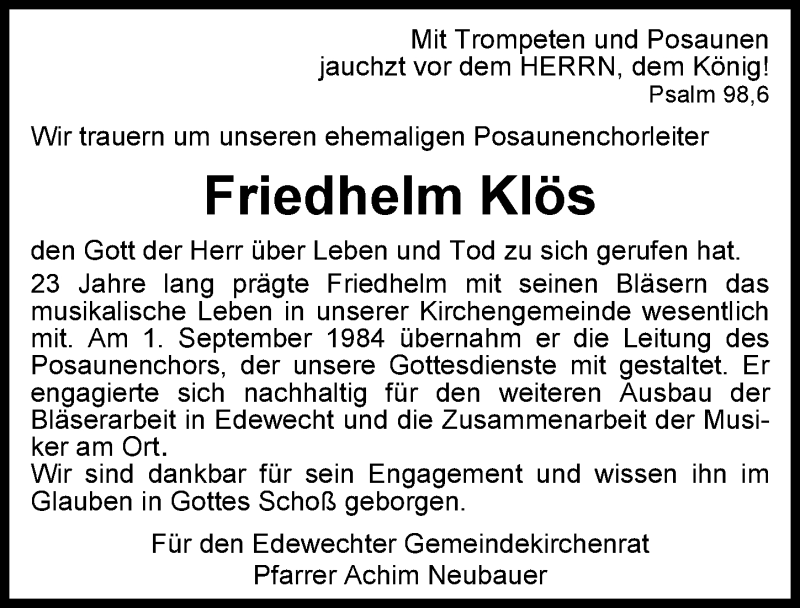  Traueranzeige für Friedhelm Klös vom 01.03.2017 aus Nordwest-Zeitung