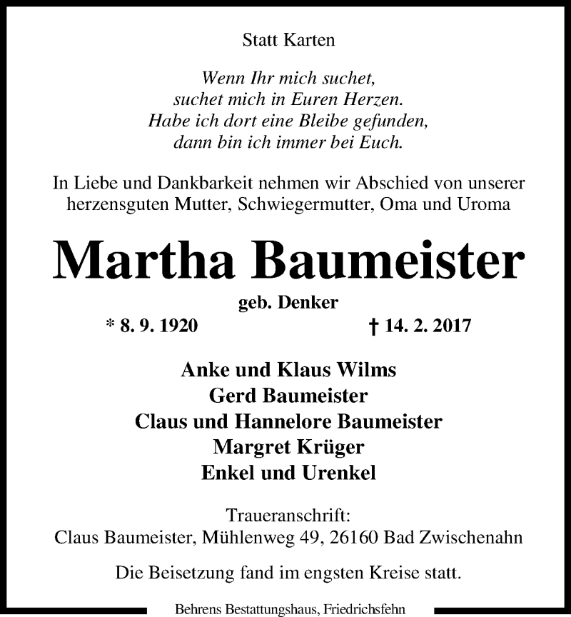  Traueranzeige für Martha Baumeister vom 04.03.2017 aus Nordwest-Zeitung