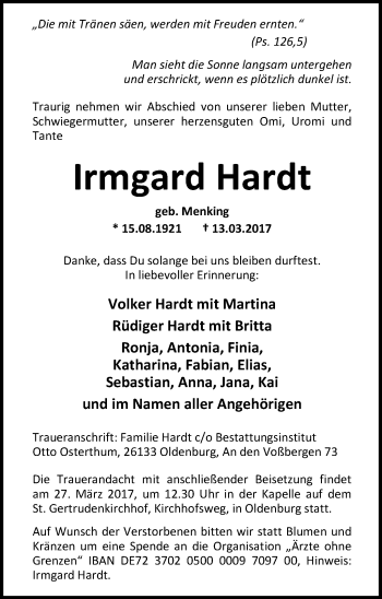 Traueranzeige von Irmgard Hardt von Nordwest-Zeitung
