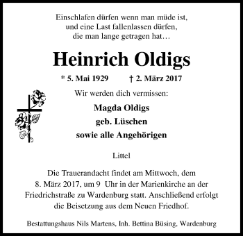 Traueranzeige von Heinrich Oldigs von Nordwest-Zeitung