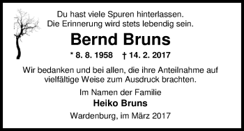 Traueranzeige von Bernd Bruns von Nordwest-Zeitung