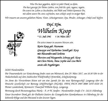 Traueranzeige von Wilhelm Koop von Nordwest-Zeitung