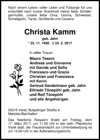 Traueranzeige von Christa Kamm von Nordwest-Zeitung