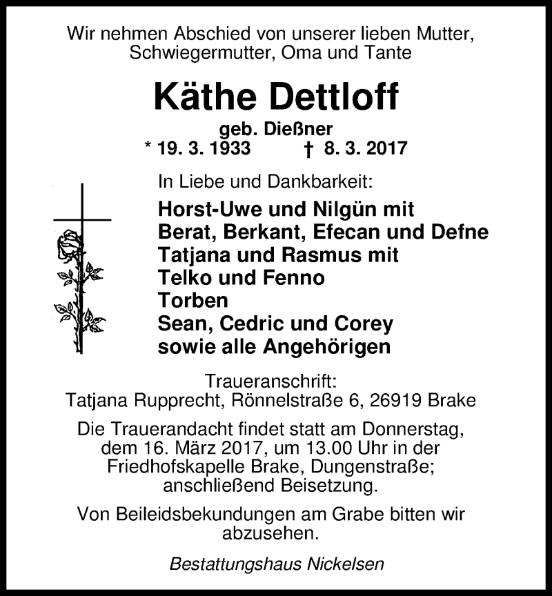  Traueranzeige für Käthe Dettloff vom 11.03.2017 aus Nordwest-Zeitung