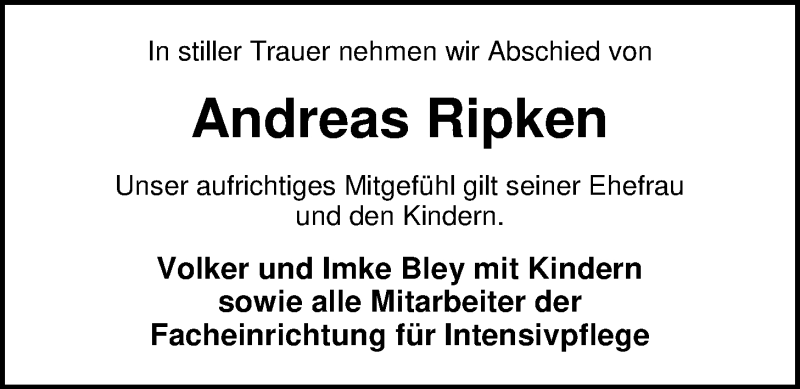  Traueranzeige für Andreas Ripken vom 02.03.2017 aus Nordwest-Zeitung