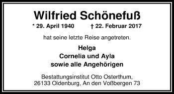 Traueranzeige von Wilfried Schönefuß von Nordwest-Zeitung