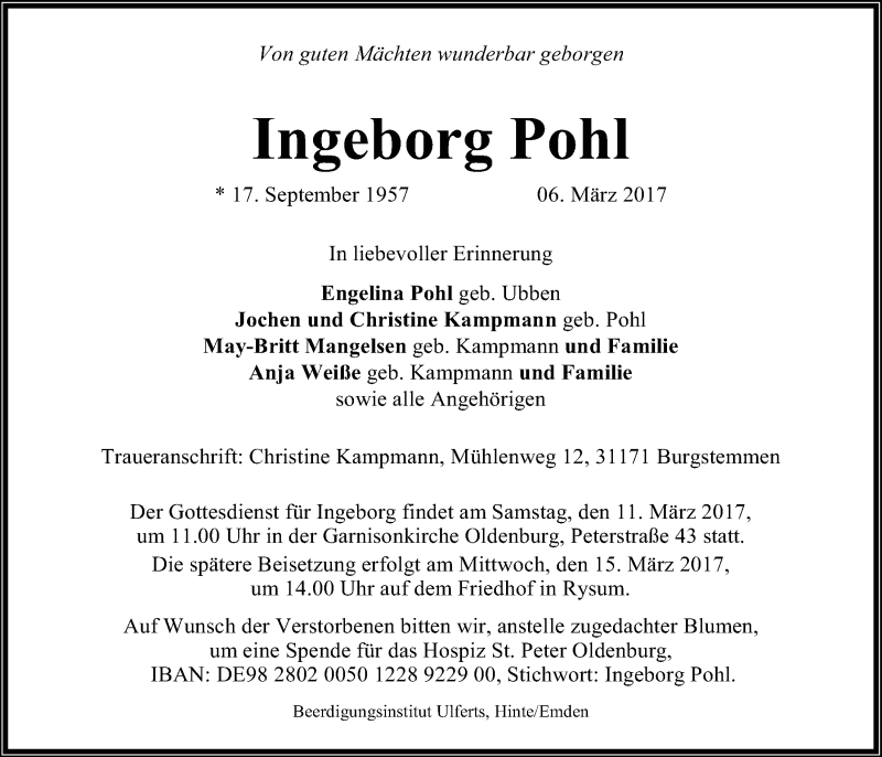  Traueranzeige für Ingeborg Pohl vom 08.03.2017 aus Nordwest-Zeitung