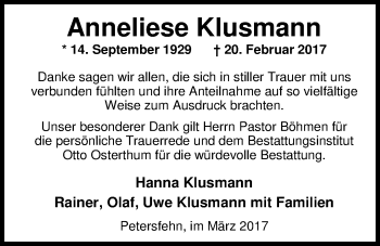 Traueranzeige von Anneliese Klusmann von Nordwest-Zeitung