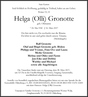 Traueranzeige von Helga Gronotte von Nordwest-Zeitung