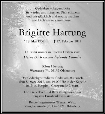 Traueranzeige von Brigitte Hartung von Nordwest-Zeitung