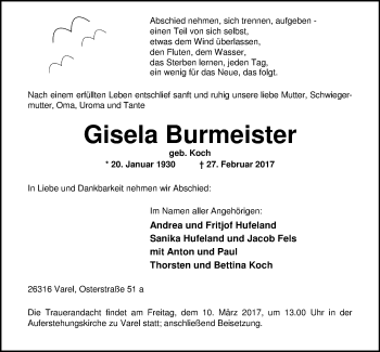 Traueranzeige von Gisela Burmeister von Nordwest-Zeitung