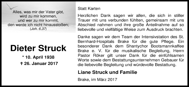  Traueranzeige für Dieter Struck vom 04.03.2017 aus Nordwest-Zeitung