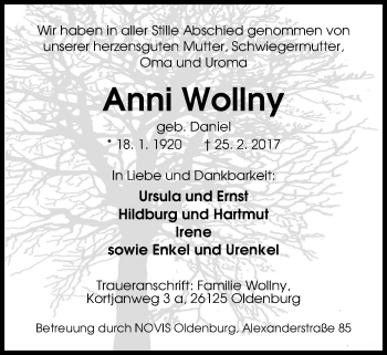 Traueranzeige von Anni Wollny von Nordwest-Zeitung
