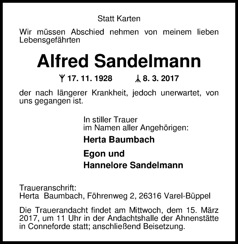  Traueranzeige für Alfred Sandelmann vom 13.03.2017 aus Nordwest-Zeitung
