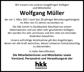 Traueranzeige von Wolfgang Müller von Nordwest-Zeitung