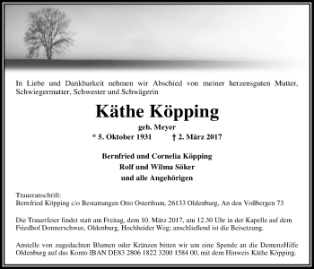Traueranzeige von Käthe Köpping von Nordwest-Zeitung