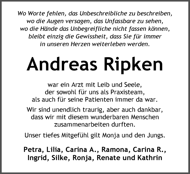  Traueranzeige für Andreas Ripken vom 01.03.2017 aus Nordwest-Zeitung