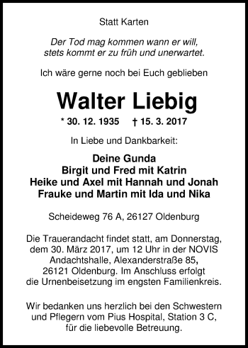 Traueranzeige von Walter Liebig von Nordwest-Zeitung