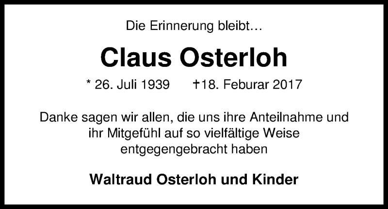  Traueranzeige für Claus Osterloh vom 31.03.2017 aus Nordwest-Zeitung
