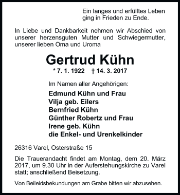 Traueranzeige von Gertrud Kühn von Nordwest-Zeitung