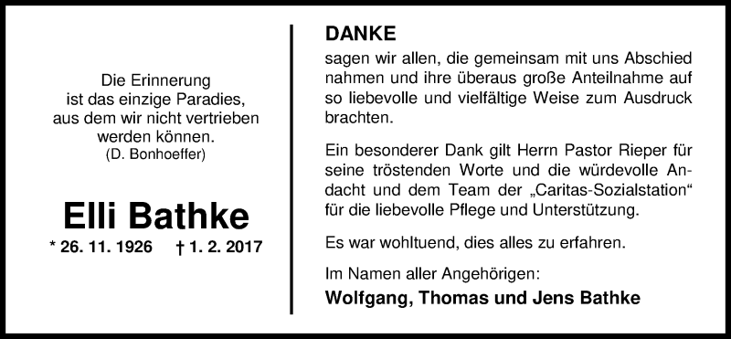  Traueranzeige für Elli Bathke vom 18.03.2017 aus Nordwest-Zeitung