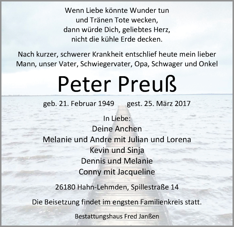  Traueranzeige für Peter Preuß vom 27.03.2017 aus Nordwest-Zeitung