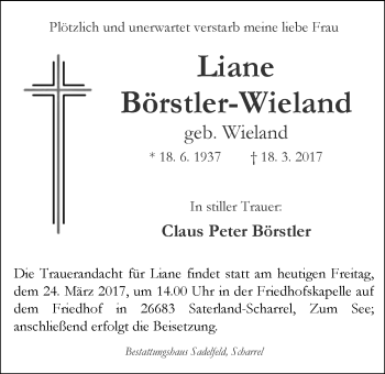 Traueranzeige von Liane Börstler-Wieland von Nordwest-Zeitung