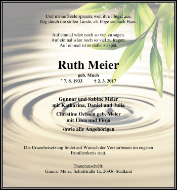 Traueranzeige von Ruth Meier von Nordwest-Zeitung