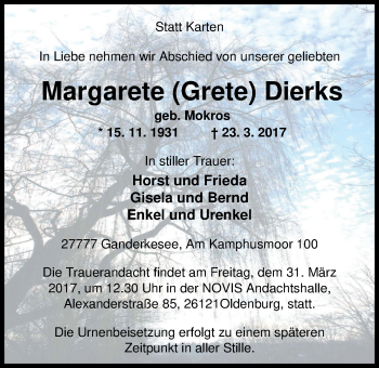 Traueranzeige von Margarete Dierks von Nordwest-Zeitung