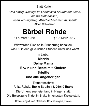 Traueranzeige von Bärbel Rohde von Nordwest-Zeitung