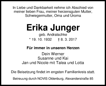 Traueranzeige von Erika Junger von Nordwest-Zeitung