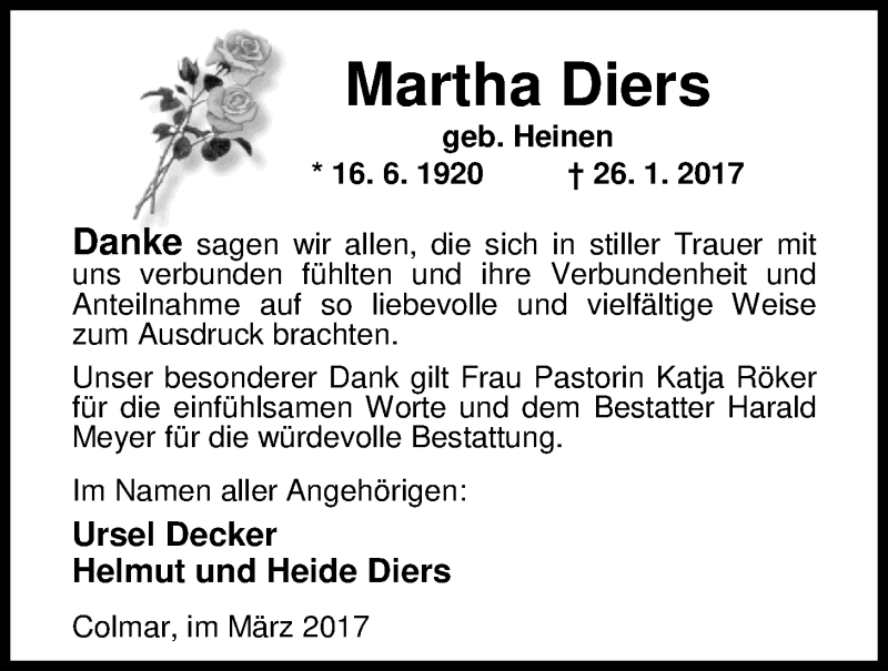  Traueranzeige für Martha Diers vom 29.03.2017 aus Nordwest-Zeitung