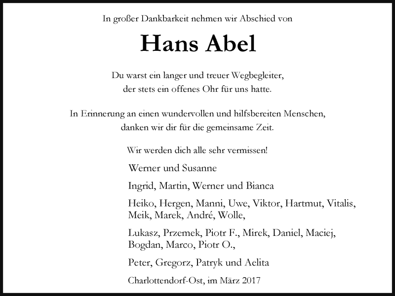  Traueranzeige für Hans Abel vom 01.03.2017 aus Nordwest-Zeitung