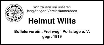 Traueranzeige von Helmut Wilts von Nordwest-Zeitung