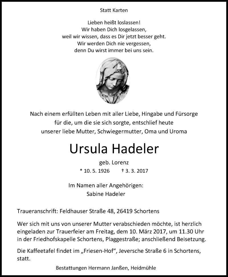  Traueranzeige für Ursula Hadeler vom 07.03.2017 aus Nordwest-Zeitung