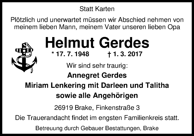  Traueranzeige für Helmut Gerdes vom 06.03.2017 aus Nordwest-Zeitung