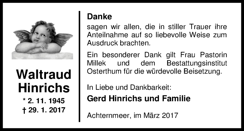  Traueranzeige für Waltraud Hinrichs vom 18.03.2017 aus Nordwest-Zeitung