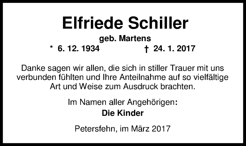  Traueranzeige für Elfriede Schiller vom 11.03.2017 aus Nordwest-Zeitung