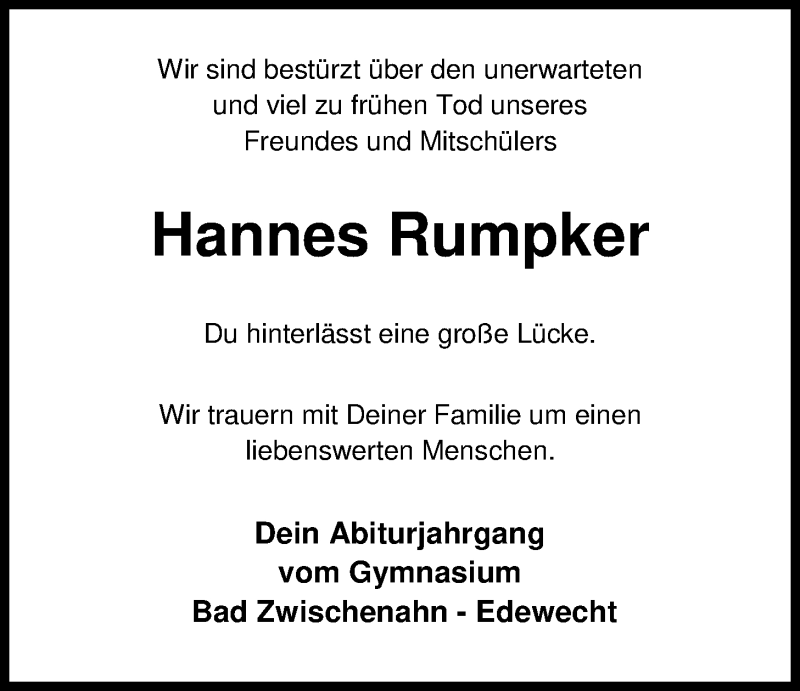  Traueranzeige für Hannes Rumpker vom 28.03.2017 aus Nordwest-Zeitung