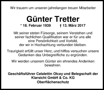 Traueranzeige von Walter Tretter von Nordwest-Zeitung