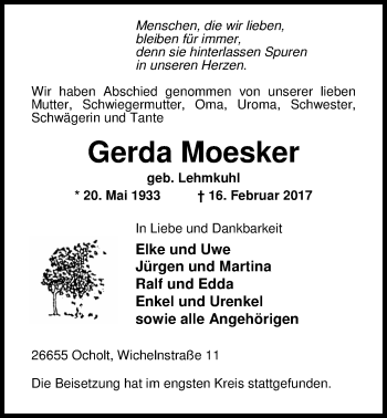 Traueranzeige von Gerda Moesker von Nordwest-Zeitung
